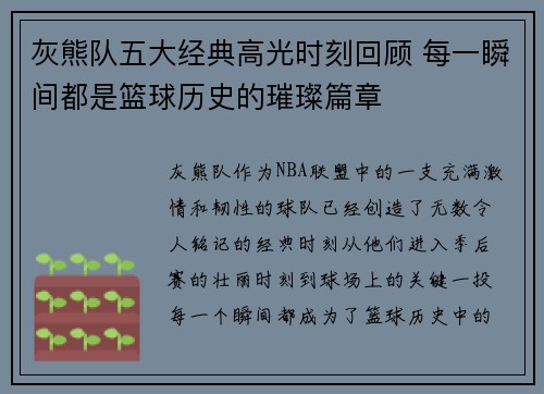 灰熊队五大经典高光时刻回顾 每一瞬间都是篮球历史的璀璨篇章