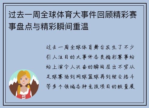 过去一周全球体育大事件回顾精彩赛事盘点与精彩瞬间重温