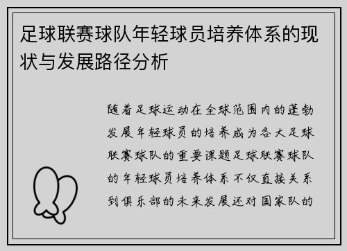 足球联赛球队年轻球员培养体系的现状与发展路径分析